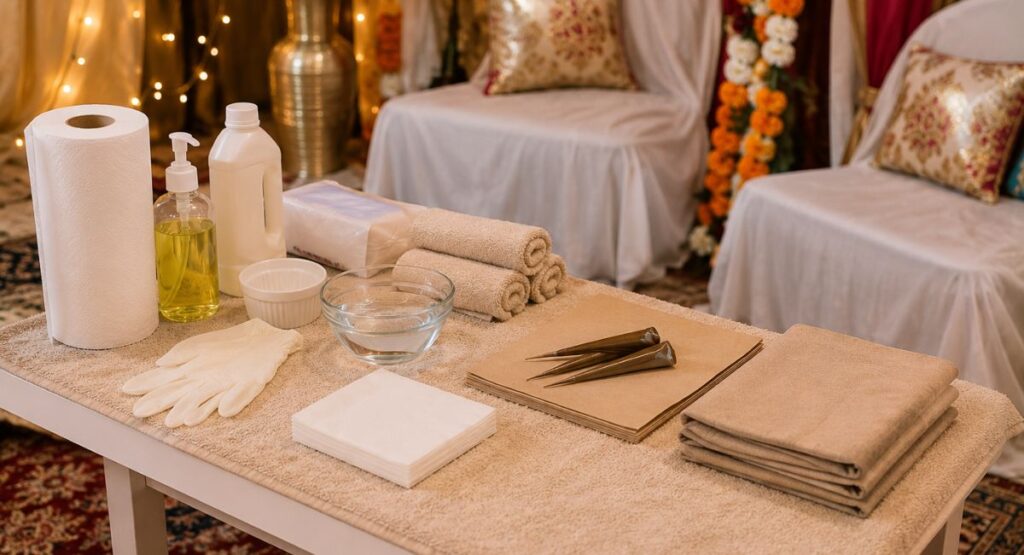 Preparing a protected mehndi station to prevent accidental henna stains