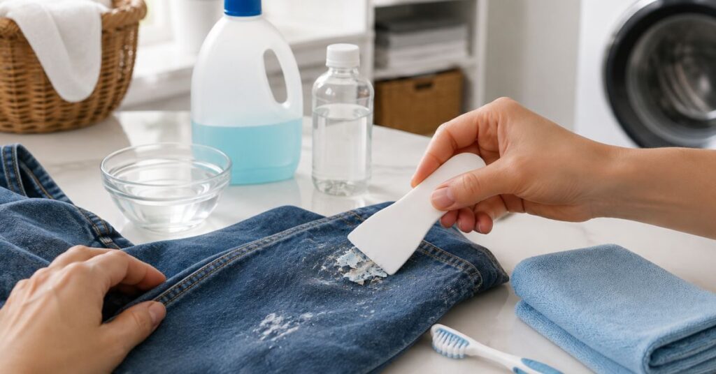 Removing dried acrylic paint from jeans with a plastic scraper and cleaning supplies