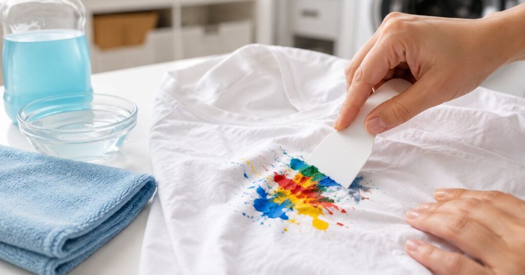 Removing fresh paint from a white cotton shirt with a plastic scraper