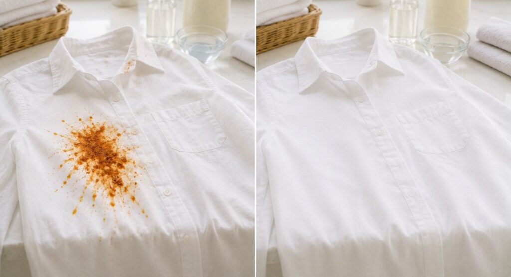 Before and after removing a mehndi stain from a white cotton shirt