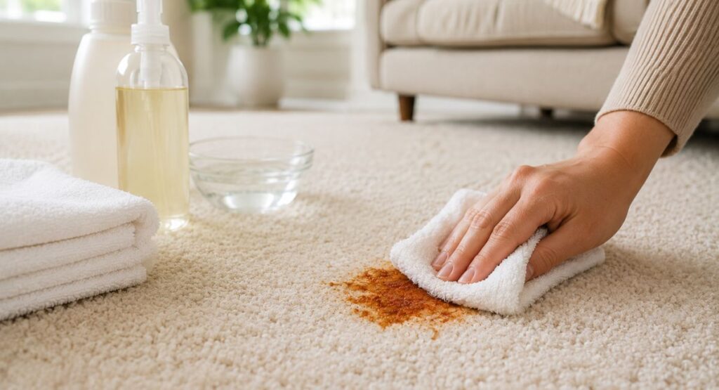 Blotting a mehndi stain from a beige carpet with a clean white cloth