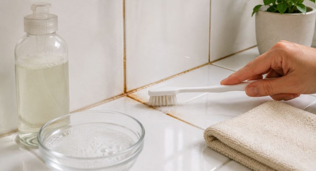 Cleaning mehndi stains from ceramic tile and grout with a soft toothbrush