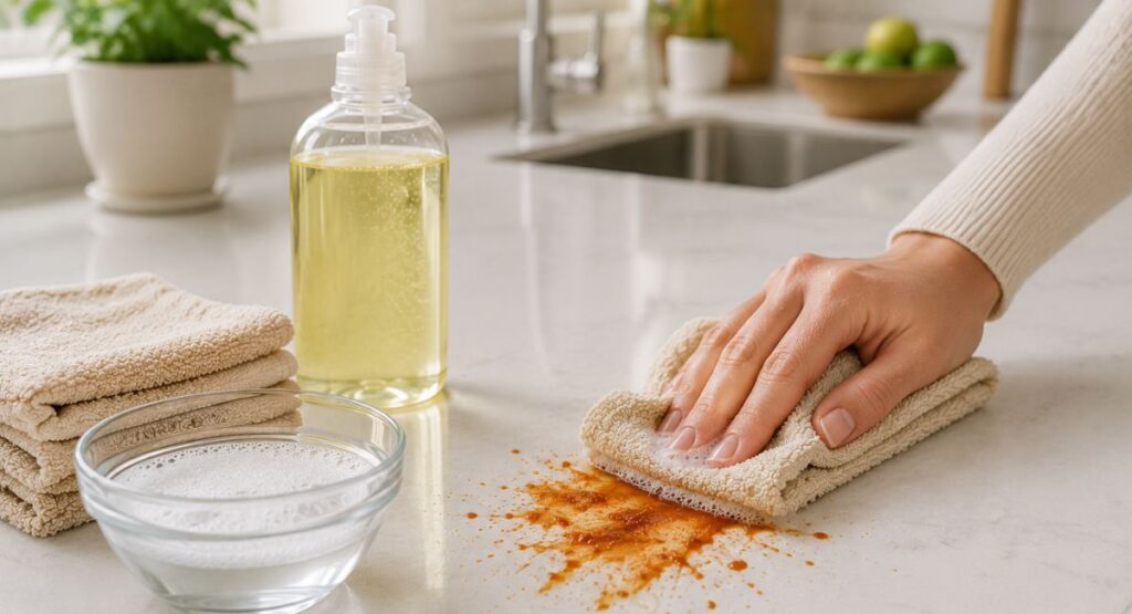 Removing a fresh mehndi stain from a white countertop with a microfiber cloth