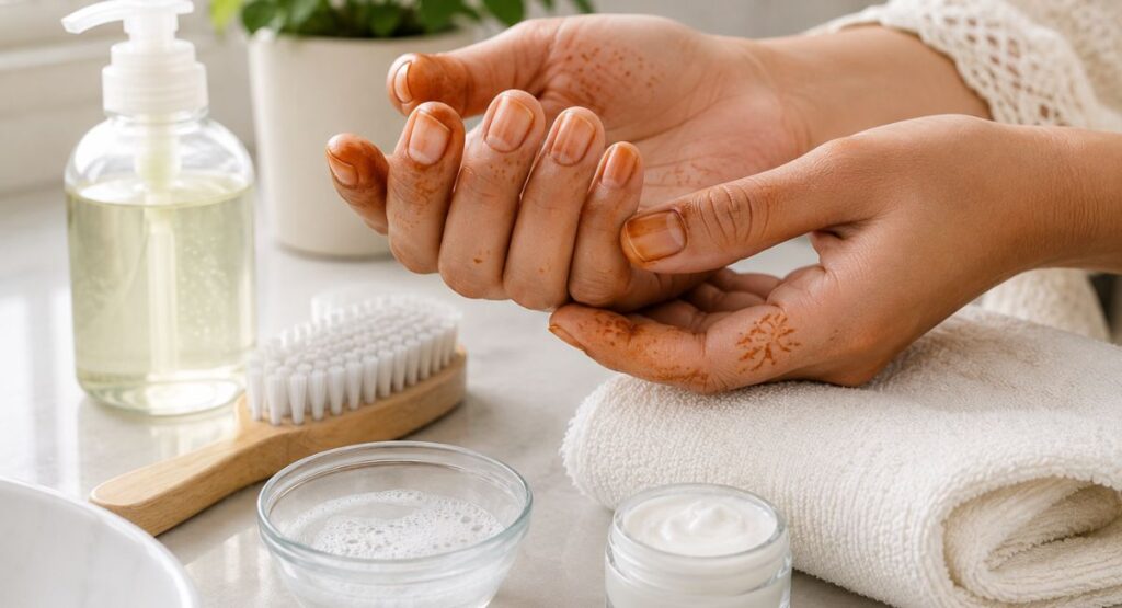 Henna stains on fingernails being gently cleaned with a soft nail brush