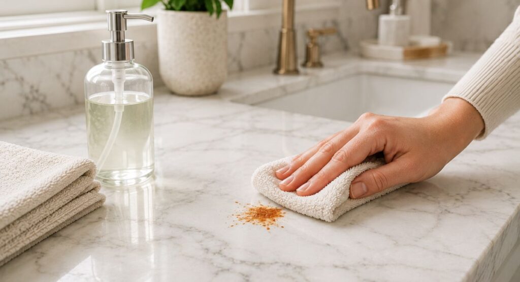 Cleaning a mehndi stain from a white marble countertop with a stone-safe cleaner