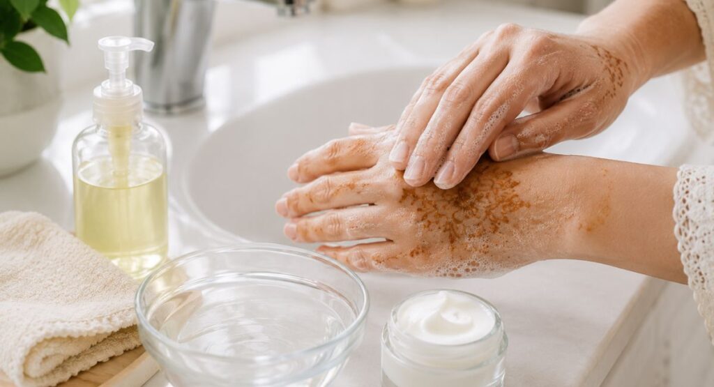 Gently fading mehndi stains from hands with mild soap and warm water
remove mehndi stains from clothes