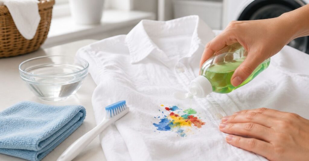 Using dish soap and a soft toothbrush to treat paint stains on clothing