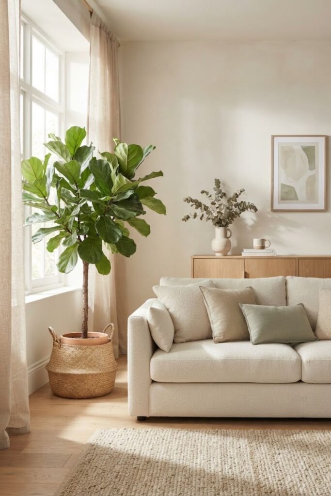 Neutral living room phone wallpaper with a large green indoor plant.