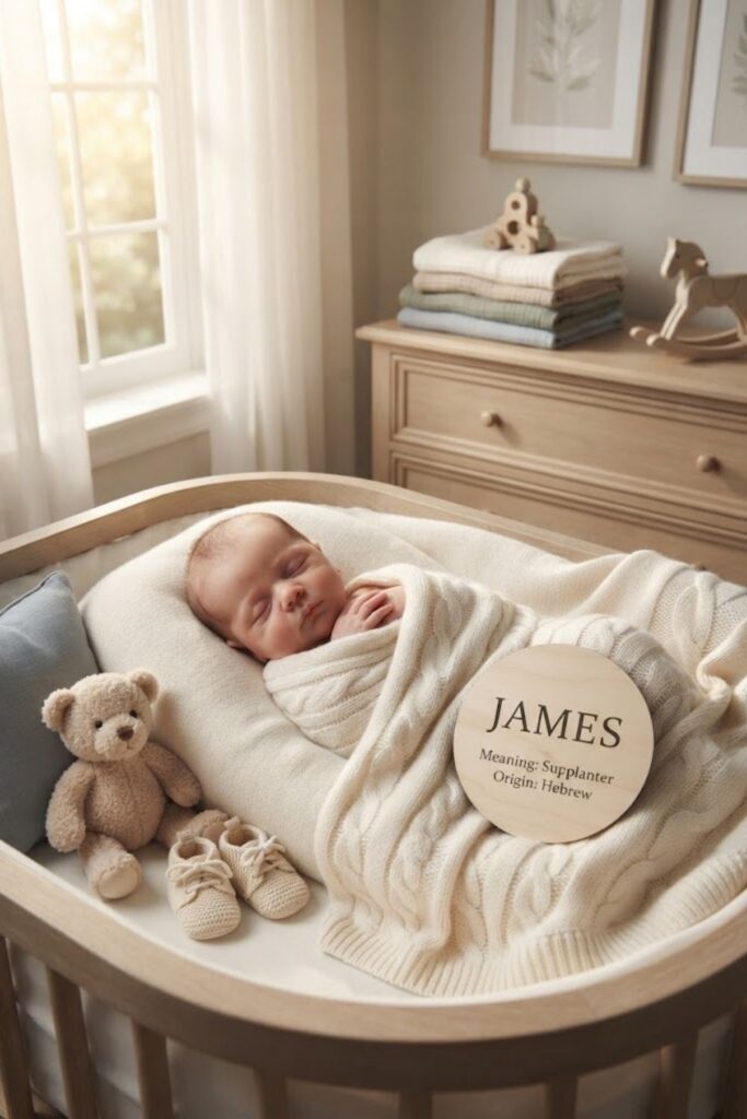 Newborn baby boy sleeping in a timeless nursery with a wooden James name plaque