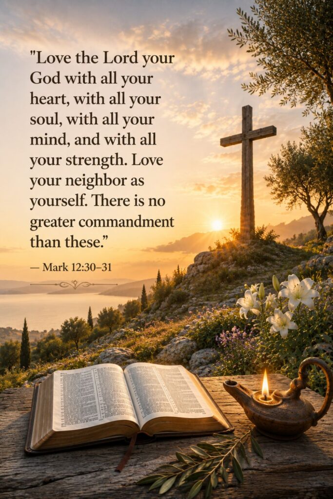 Jesus repeats that loving God and loving others are the greatest commandments.