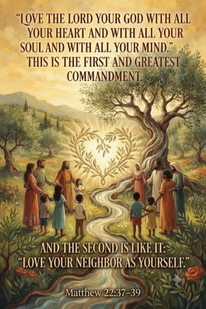 Jesus teaches that the greatest commandments are to love God wholeheartedly and to love our neighbors as ourselves.