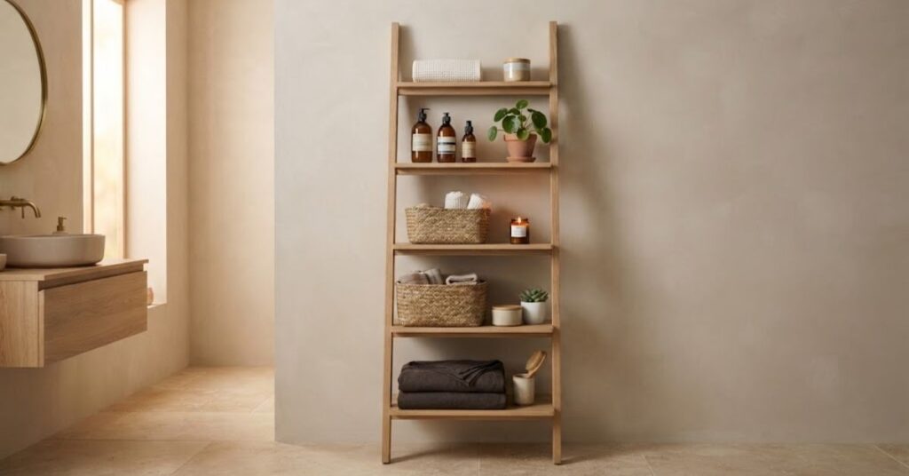 Leaning ladder shelf in bathroom holding towels, baskets, plants, and toiletries