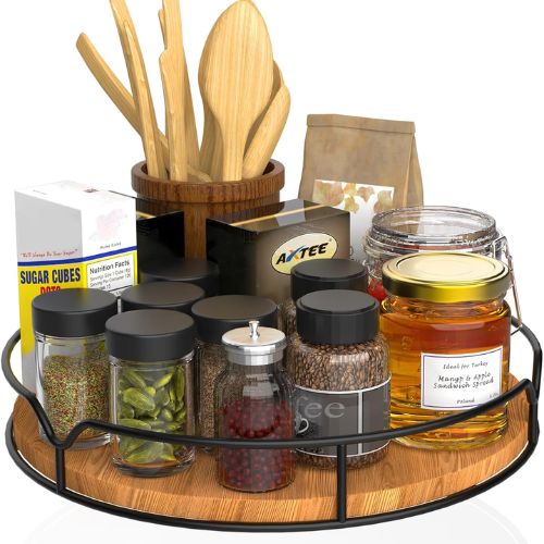 LAMU 2-tier lazy Susan turntable organizer for pantry, kitchen cabinet, countertop, and refrigerator storage.