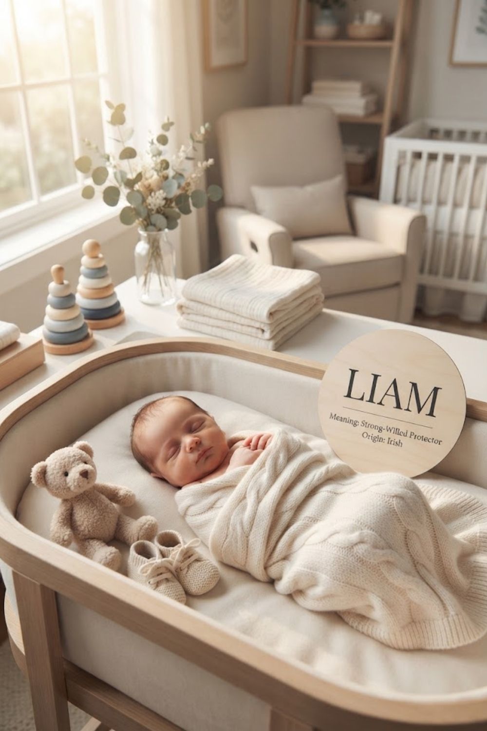 Newborn baby boy sleeping in a cozy neutral nursery with a wooden Liam name plaque