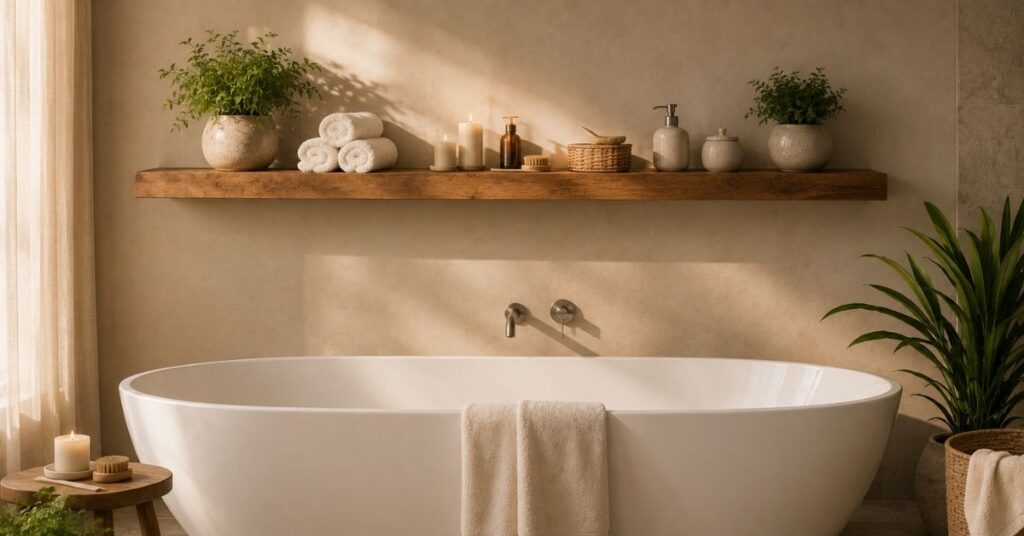 Long wooden shelf above bathtub decorated with towels, candles, plants, and bath accessories