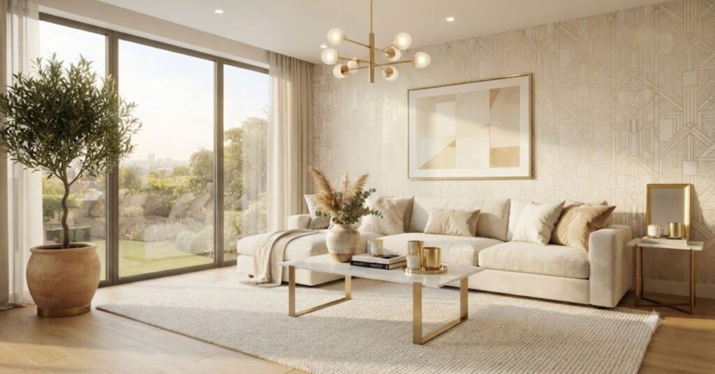 Luxury modern living room featuring elegant gold pattern wallpaper, cream velvet sofa, marble coffee table, gold pendant lighting, and sophisticated contemporary home décor.