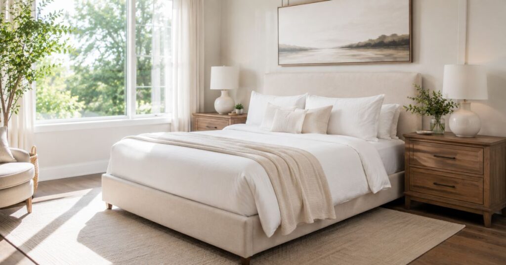 Neatly made bed in a clean and organized bedroom.