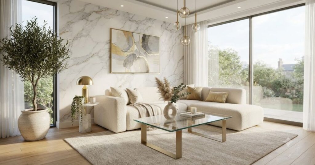 Luxury modern living room featuring elegant white marble effect wallpaper with gray veining, cream sofa, gold accents, and contemporary home décor.