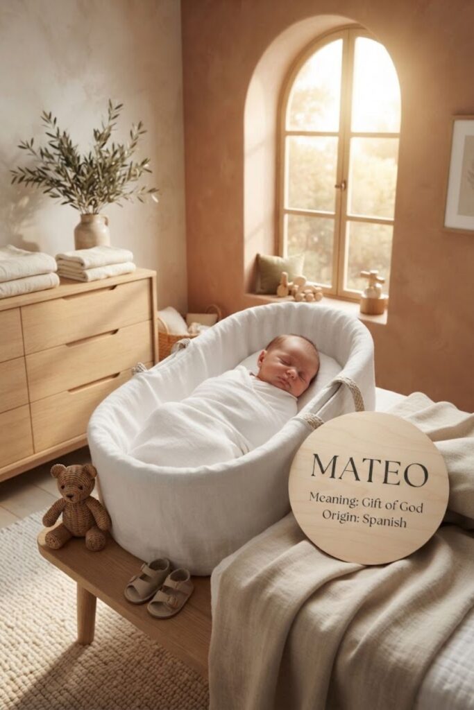 Newborn baby boy sleeping in a warm Mediterranean nursery with a Mateo name plaque