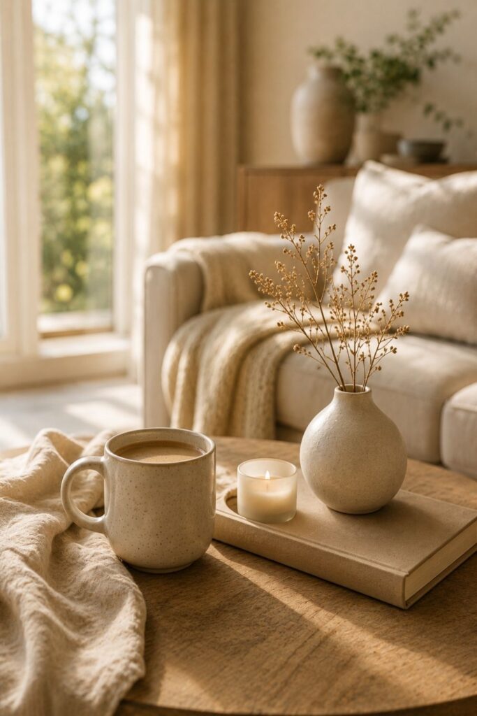 Minimal coffee table phone wallpaper with coffee mug, book and candle.