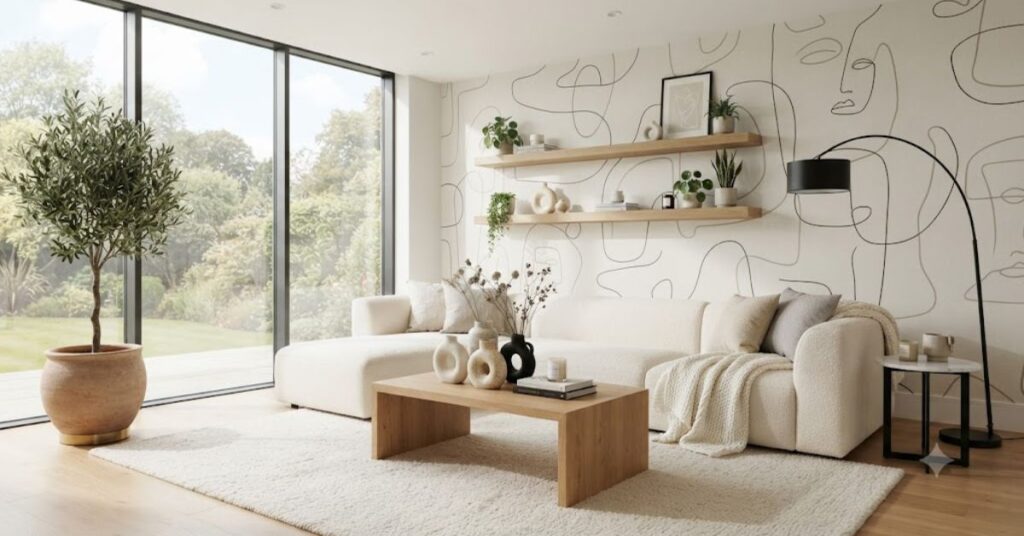 Modern luxury living room featuring elegant minimal line art wallpaper, cream boucle sofa, oak wood furniture, marble side table, and Scandinavian-inspired contemporary home décor.