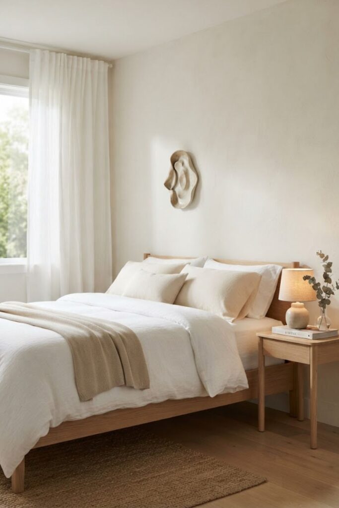 Minimalist bedroom phone wallpaper with white linen bedding and neutral decor.