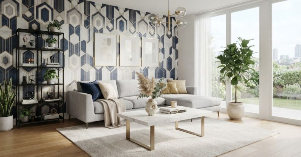Modern living room featuring elegant geometric wallpaper with navy blue, white, and gold patterns, paired with contemporary furniture and luxury home décor.