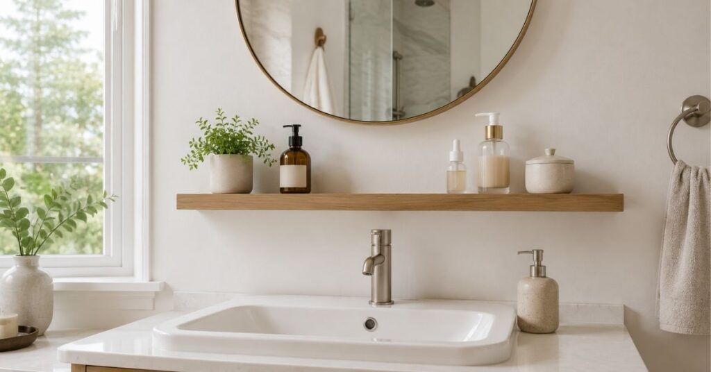 Narrow floating shelf above bathroom sink with soap, skincare bottles, and plant