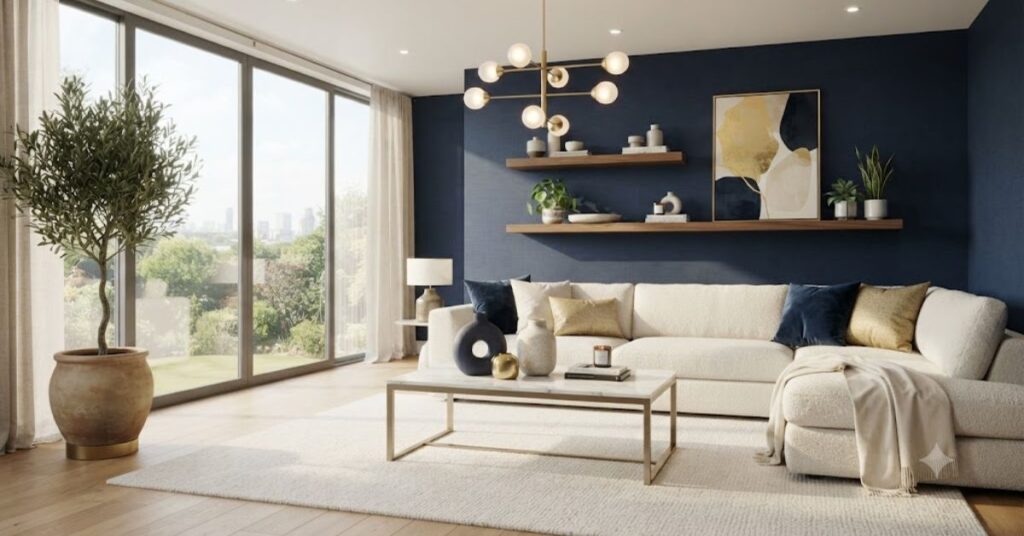 Luxury modern living room featuring elegant navy blue wallpaper, cream sectional sofa, marble coffee table, gold accents, walnut wood furniture, and contemporary home décor.