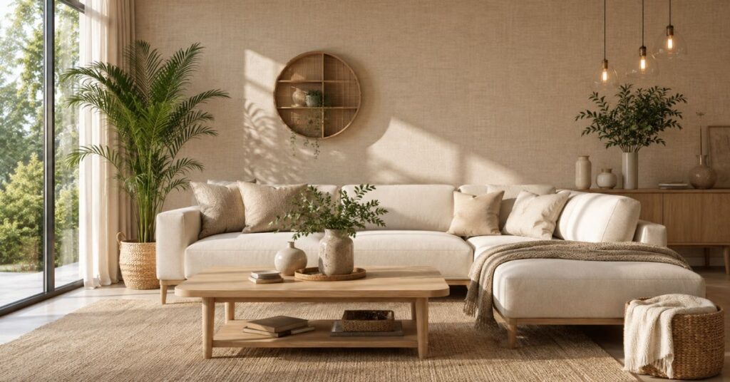 Modern living room with elegant neutral beige linen-textured wallpaper, cream sofa, wooden coffee table, indoor plants, and Scandinavian-inspired home décor.