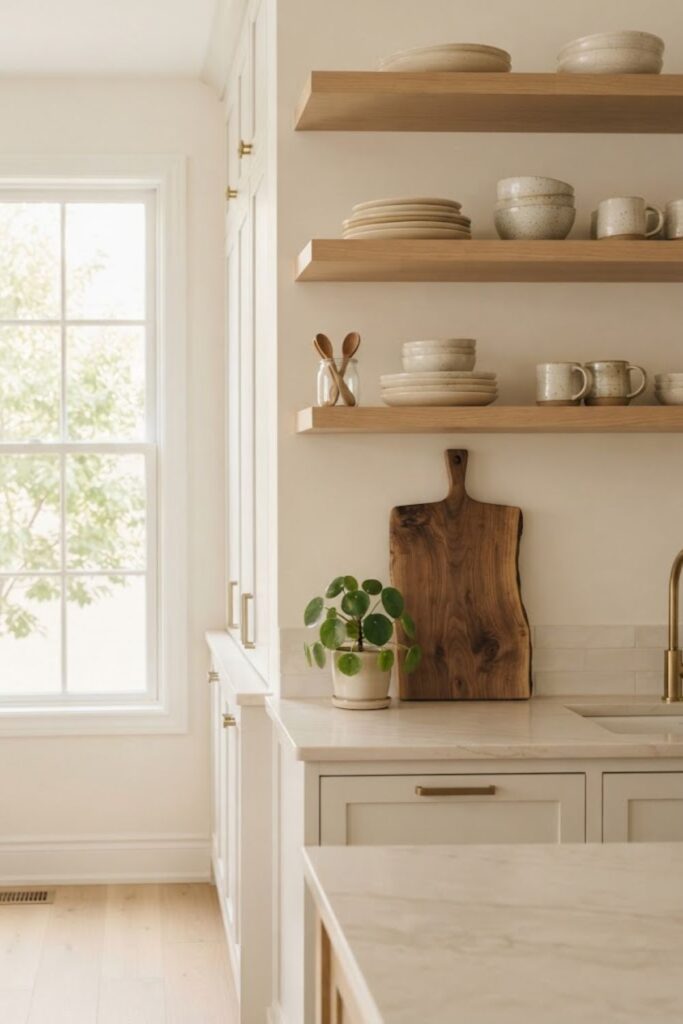 Neutral kitchen phone wallpaper with white cabinets and natural wood decor.