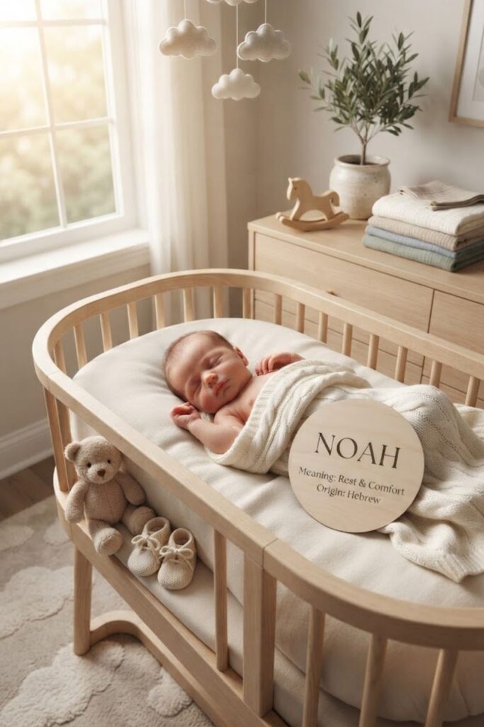 Newborn baby boy sleeping in a peaceful nursery with a Noah name plaque and soft neutral decor