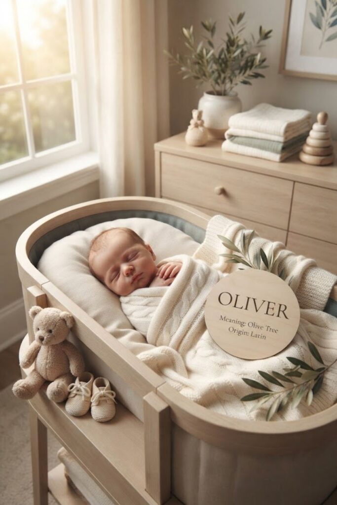 Newborn baby boy sleeping in an elegant nursery with olive branches and an Oliver name plaque