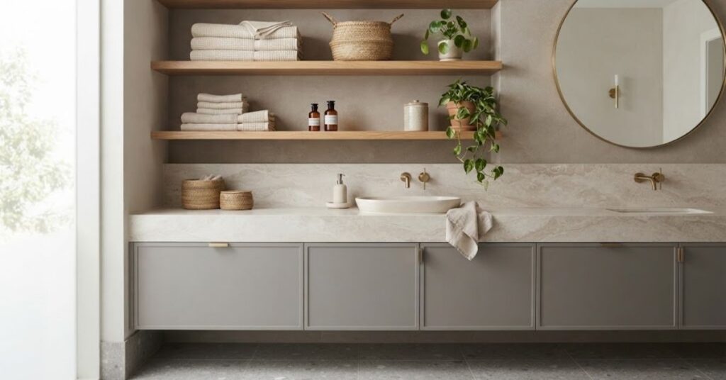 Bathroom vanity combining open shelves with closed cabinets for organized storage