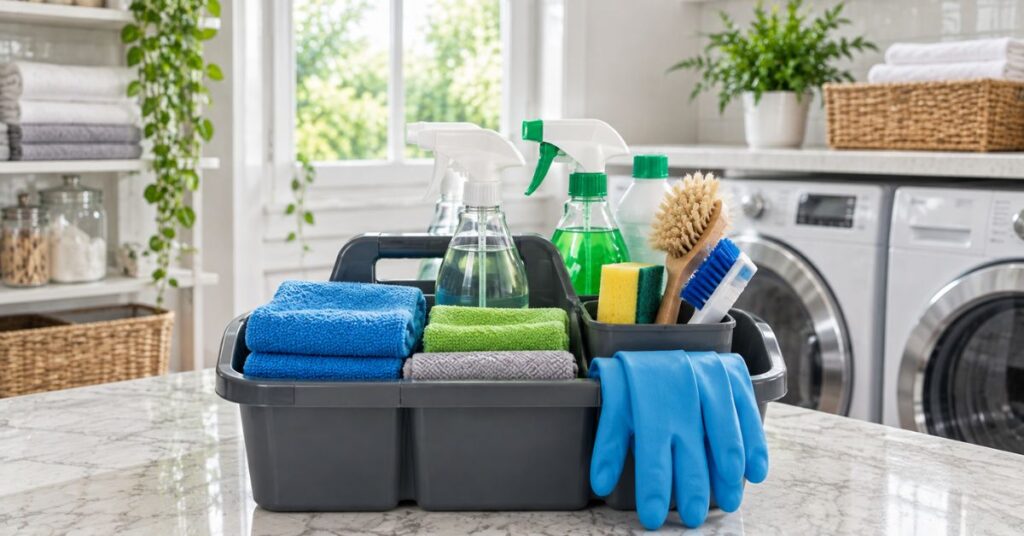 Organized cleaning supplies used by professional housekeepers.