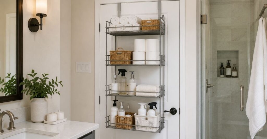 Over-the-door bathroom shelf organizer holding towels, toilet paper, and toiletries