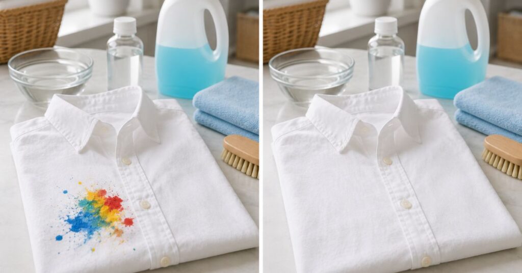 Before and after removing a paint stain from a white cotton shirt