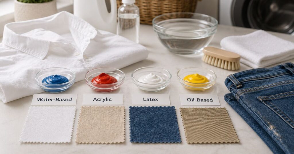 Different types of paint stains on clothing including water-based acrylic latex and oil-based paint