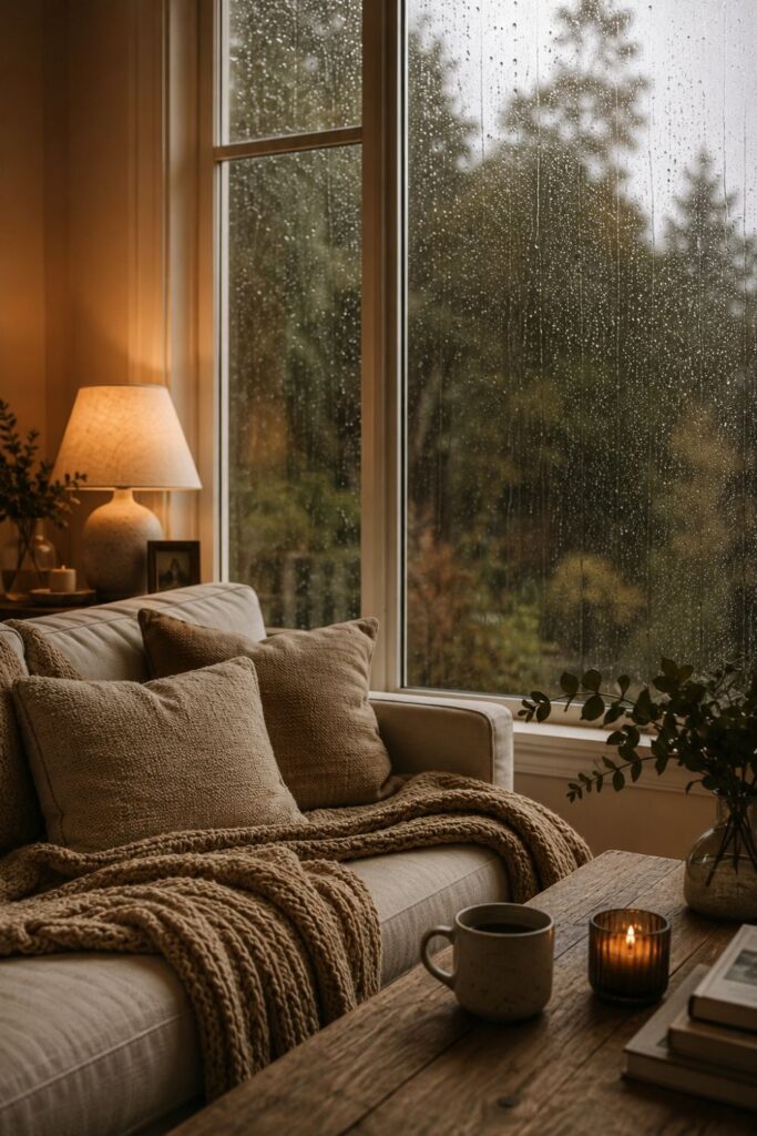 Cozy rainy window and sofa phone wallpaper with warm indoor lighting.