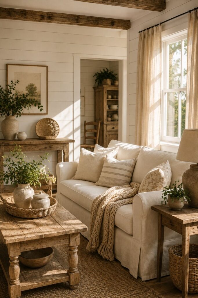 Rustic farmhouse interior phone wallpaper with wood furniture and greenery.