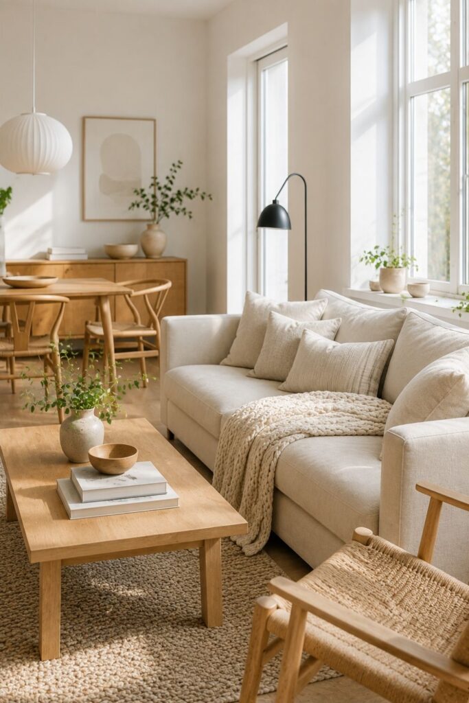 Scandinavian home interior phone wallpaper with light wood and neutral decor.