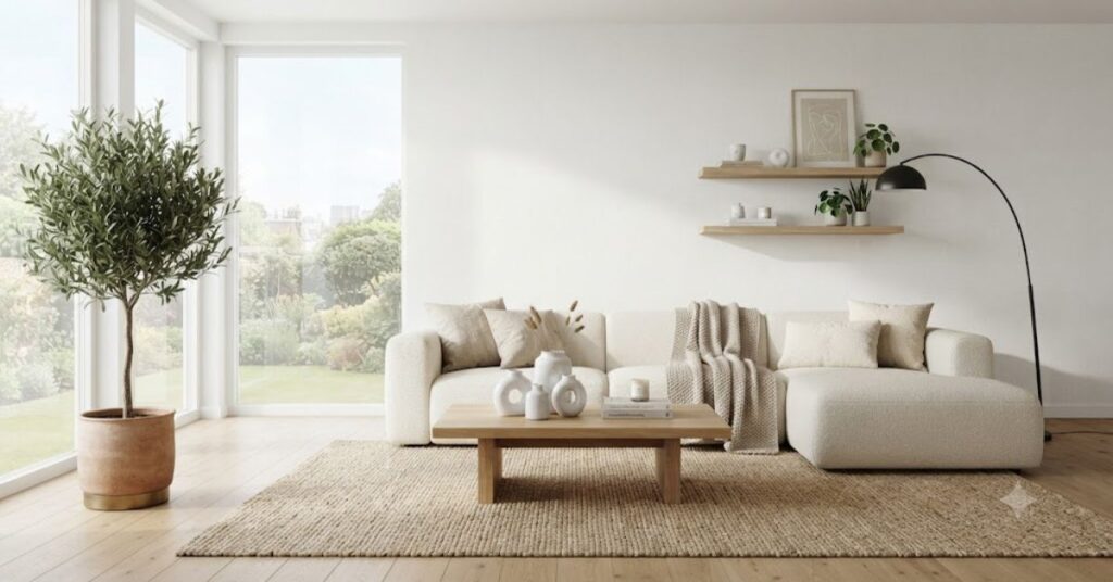 Bright Scandinavian-style living room featuring elegant white textured wallpaper, cream boucle sofa, oak wood furniture, indoor plants, and minimalist Nordic home décor.