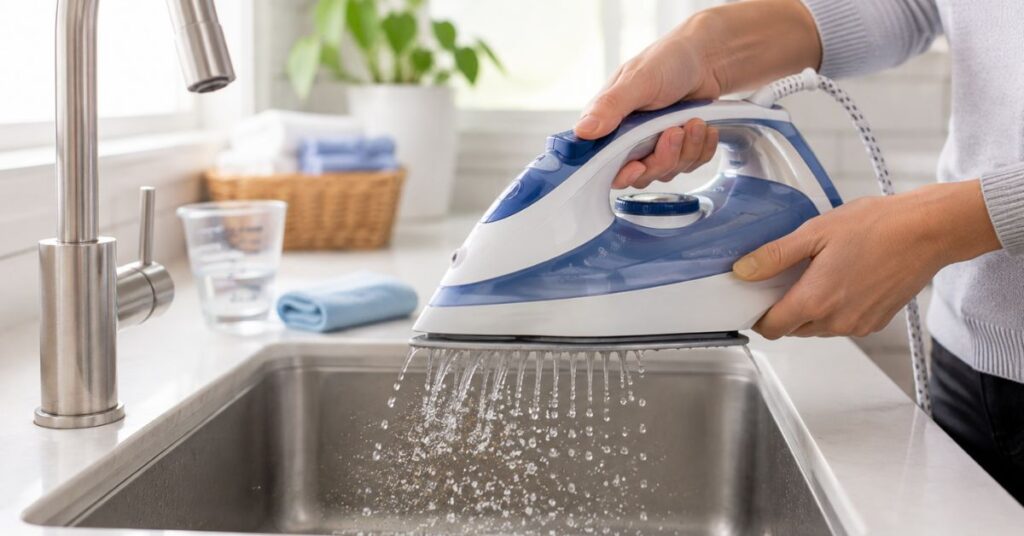 Using an iron self-clean function to flush mineral deposits from the steam system