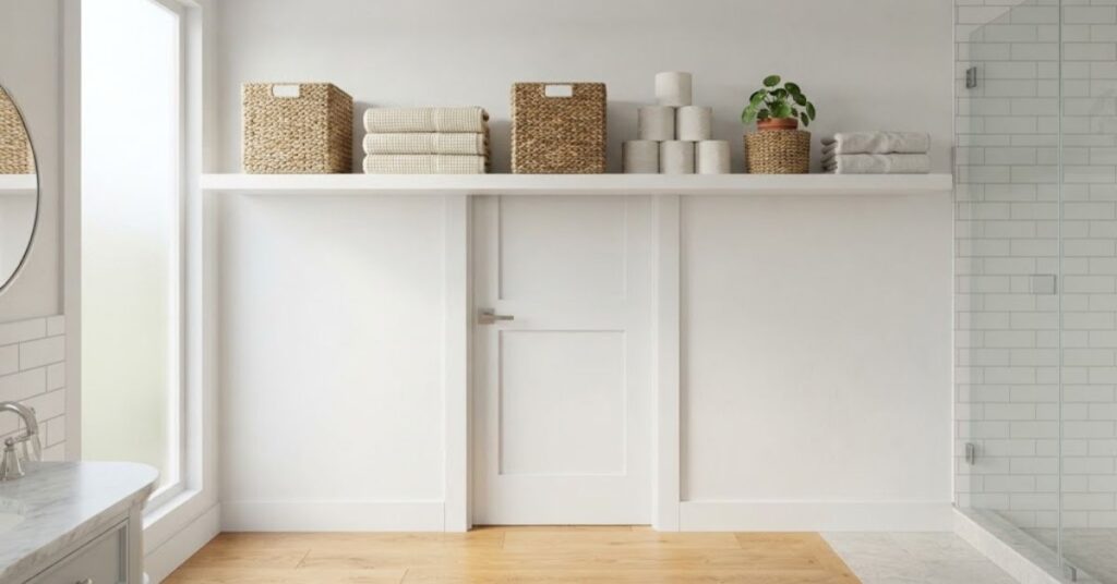 High bathroom shelf above doorway storing towels, baskets, and toilet paper