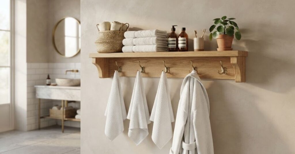 Bathroom shelf with hooks underneath holding towels, robe, baskets, and toiletries