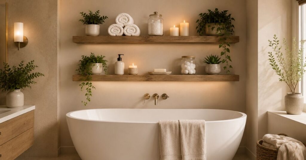 Floating shelves above a freestanding bathtub with towels, candles, and bath salts