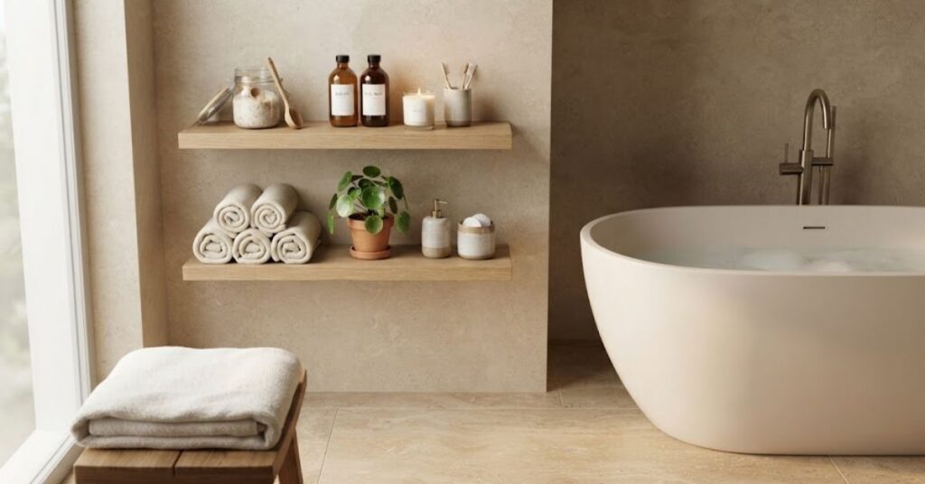 Floating shelves beside bathtub holding bath salts, candles, towels, and toiletries