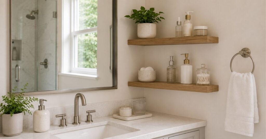 Floating bathroom shelves beside vanity mirror with organized toiletries and decor