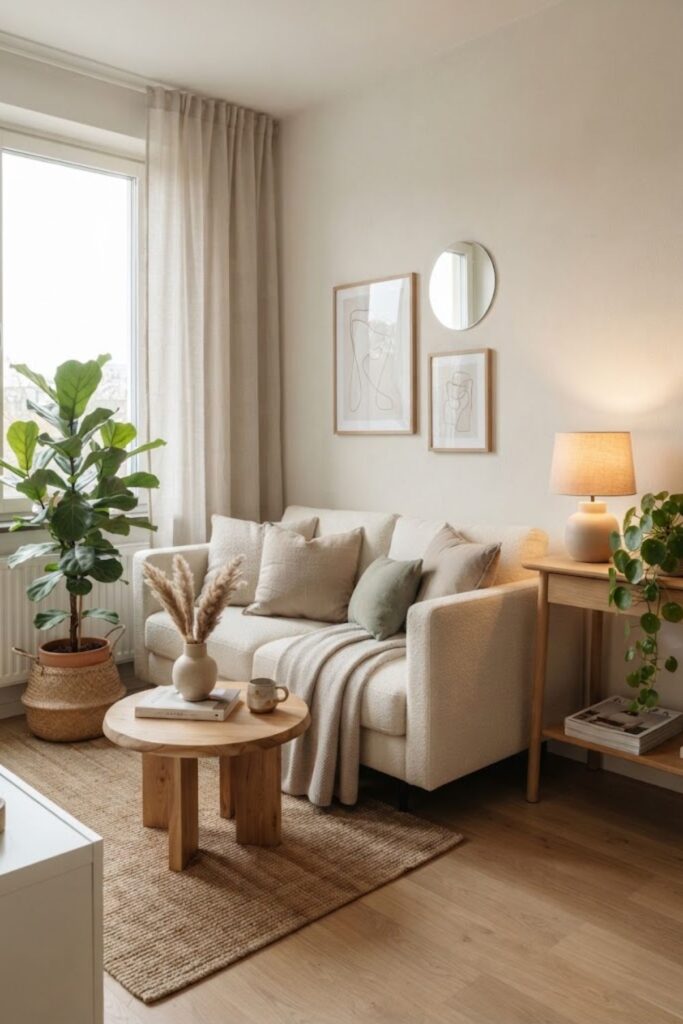 Small cozy apartment phone wallpaper with neutral furniture and indoor plants.