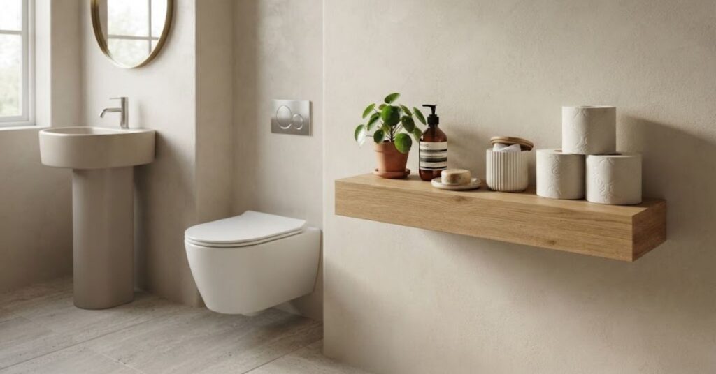 Small wooden shelf beside toilet holding toilet paper, lotion, soap, and plant